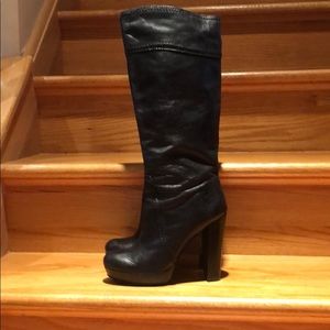 Leather platform stack heel Boots hits below knee